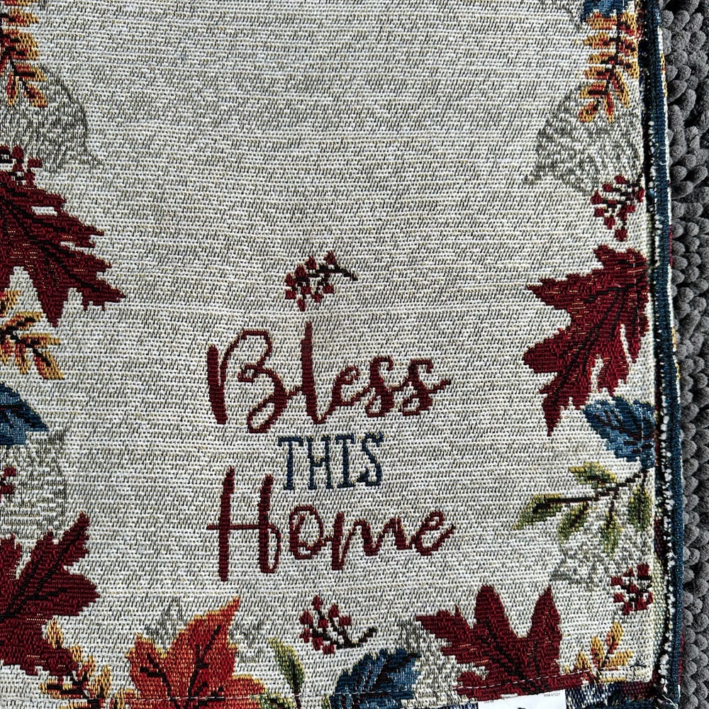 Autumn Leaf Tapestry with 'Bless This Home' 65”x12” Table runner